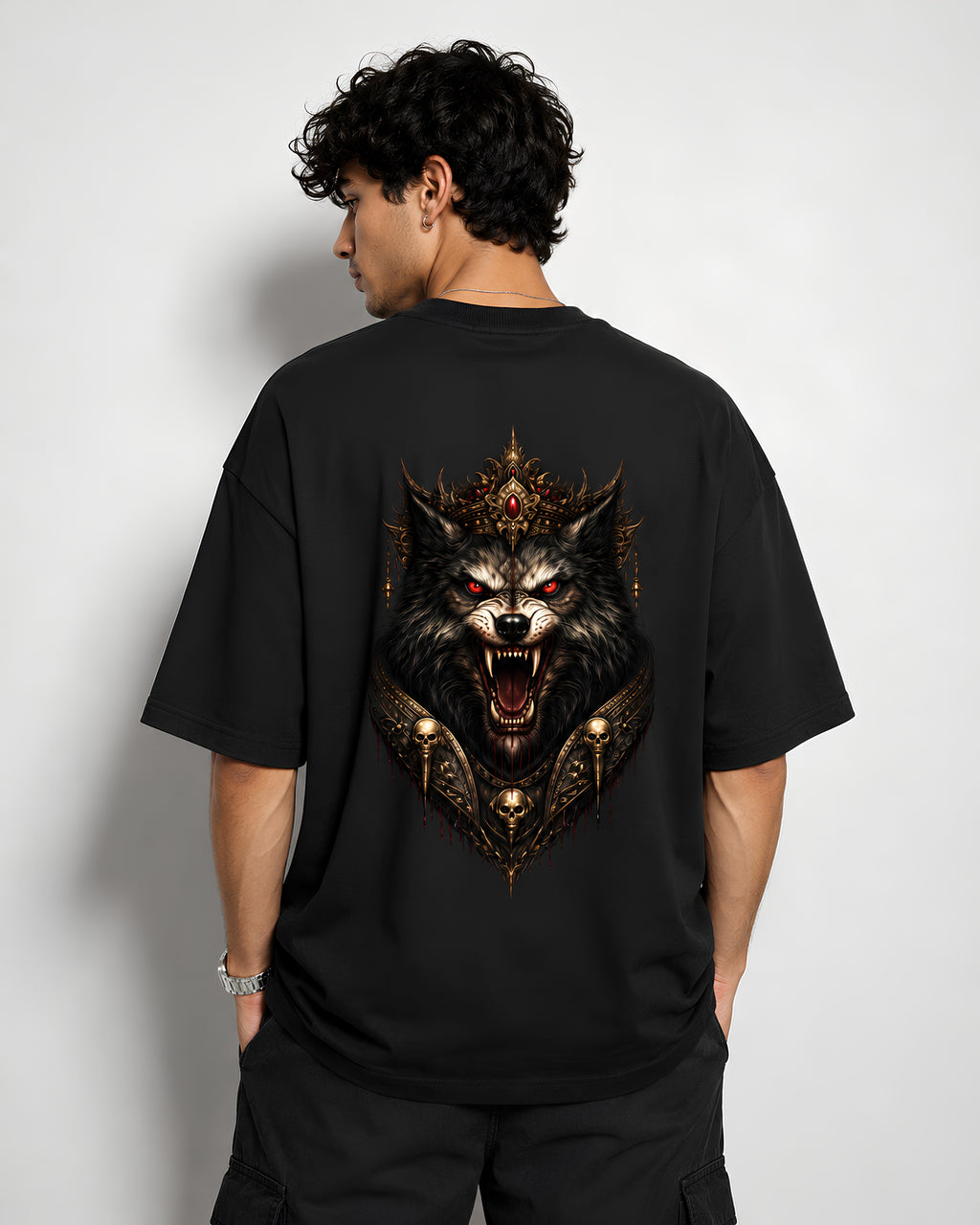 Back Model: CHIMYA The Lone Wolf wolf graphic oversized black t shirt back view on male model