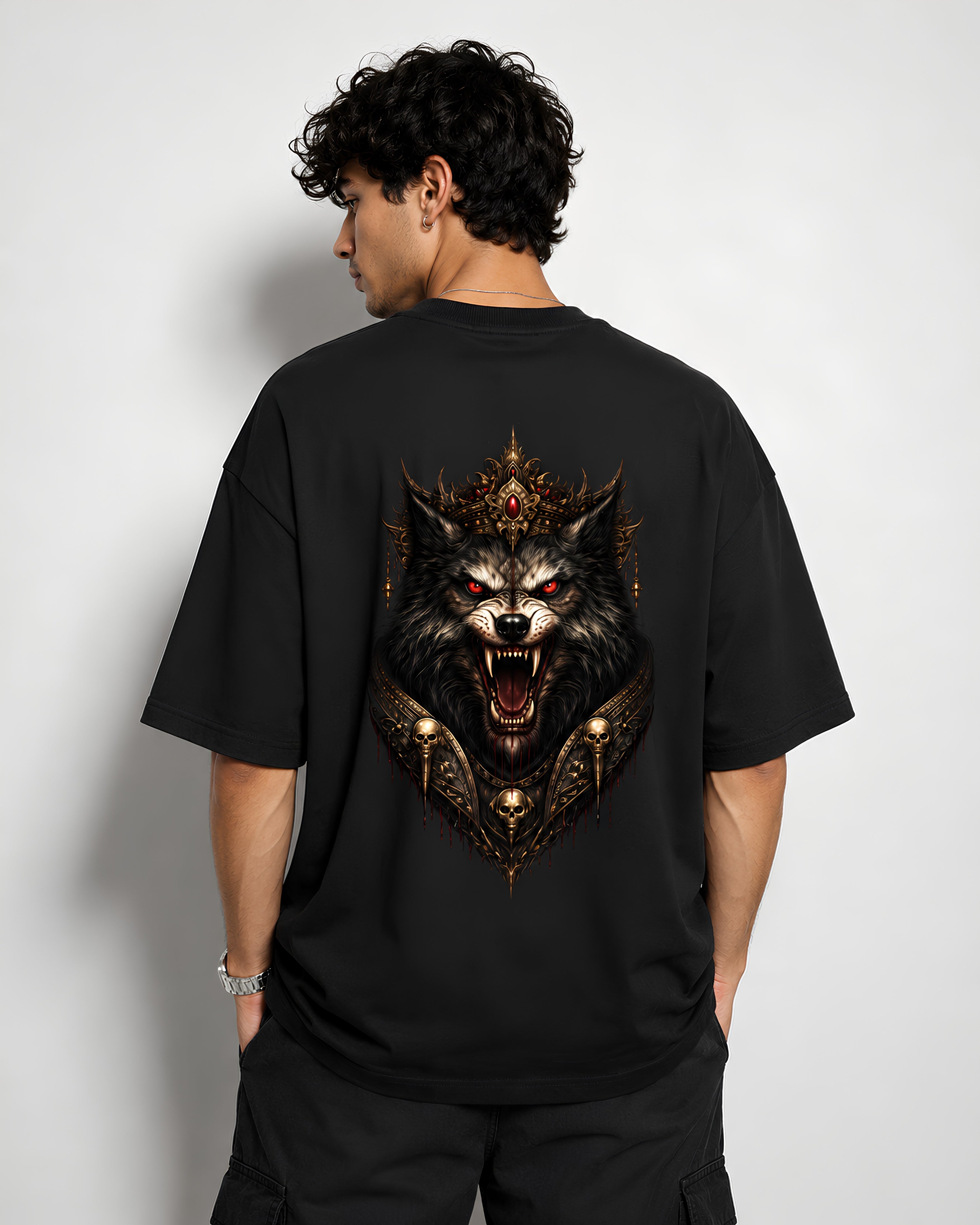 Back Model: CHIMYA The Lone Wolf wolf graphic oversized black t shirt back view on male model