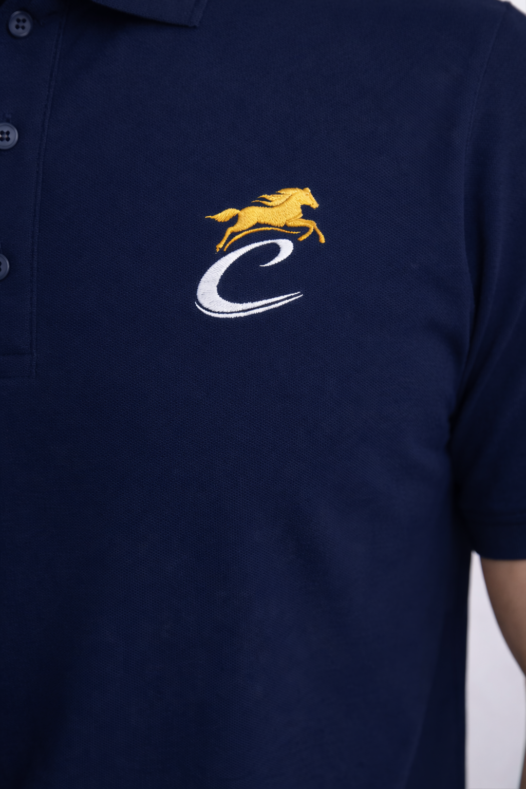 Close-up of embroidered logo on navy blue polo t-shirt for men premium quality stitching