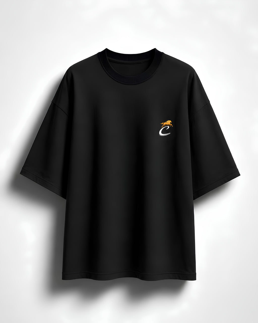 Front Mockup: CHIMYA The Lone Wolf oversized black t shirt front chest logo design