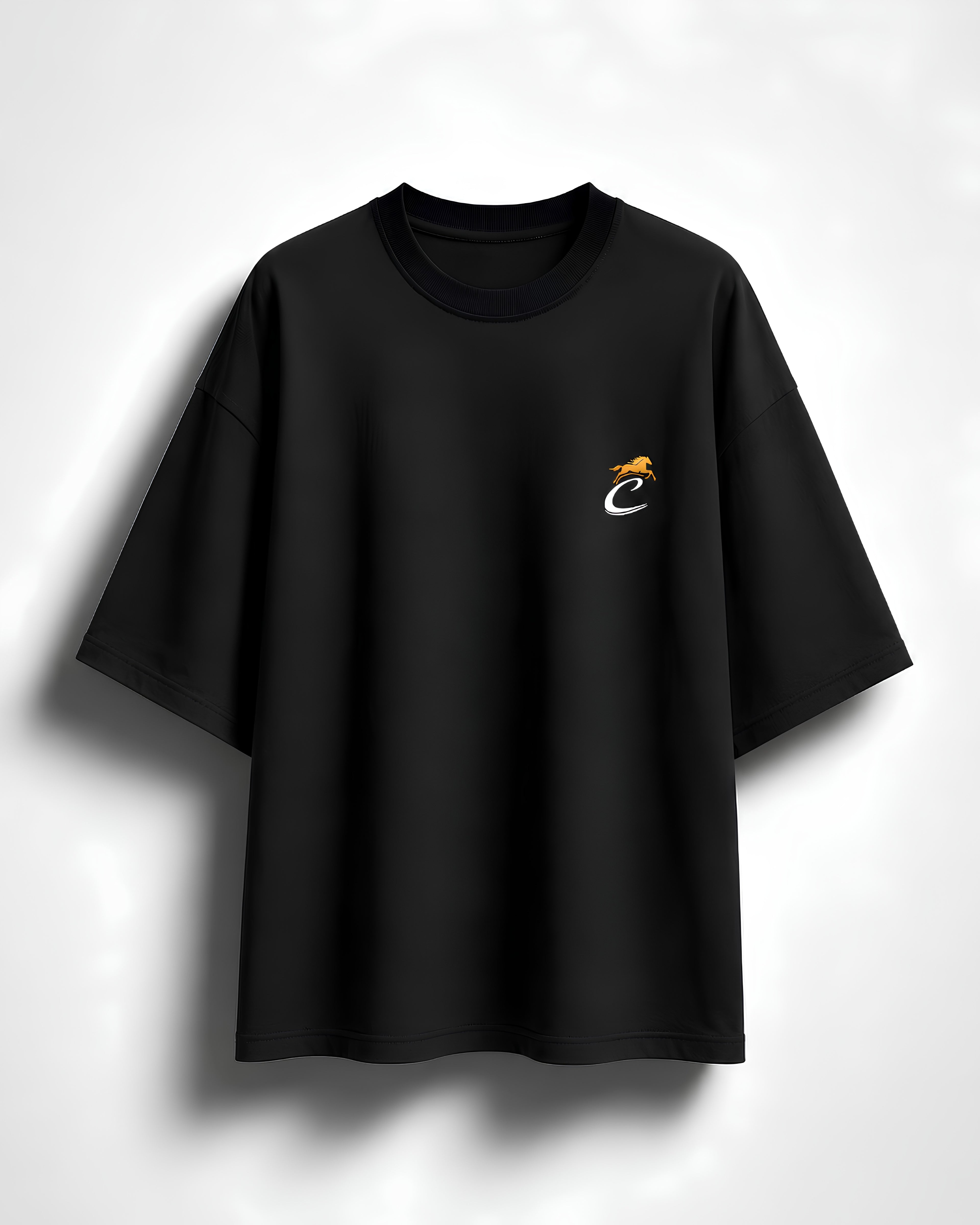 Front Mockup: CHIMYA The Lone Wolf oversized black t shirt front chest logo design