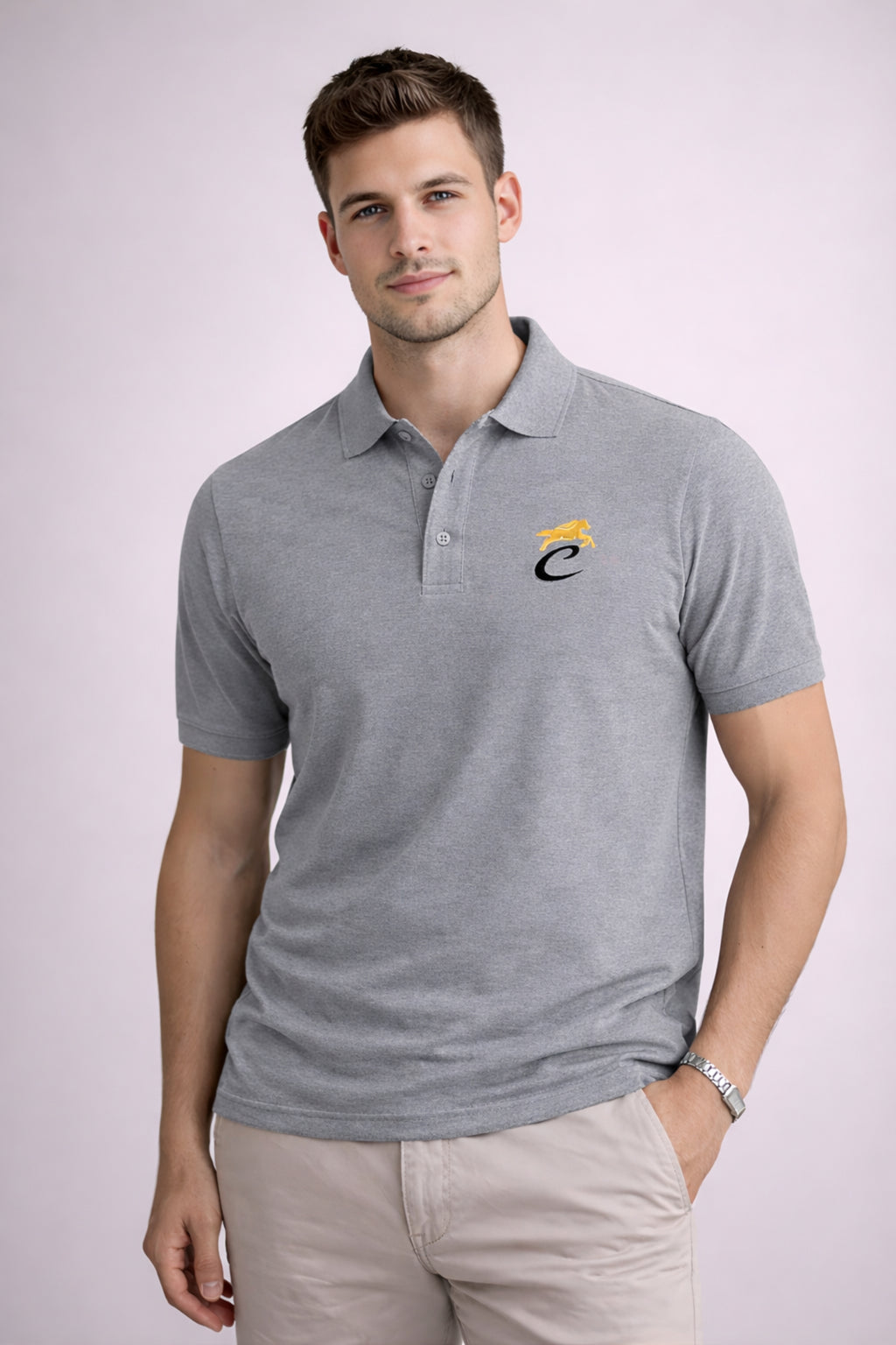 Men grey premium cotton polo t-shirt front view with embroidered logo
