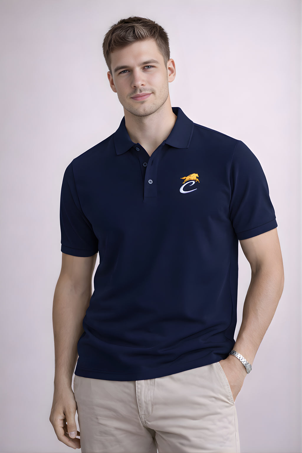 Men wearing navy blue polo t-shirt slim fit premium cotton casual outfit front view