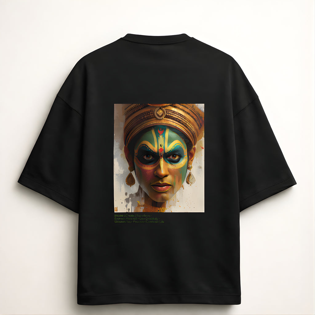 Black t-shirt with a colorful graphic of a face on the back against a white background