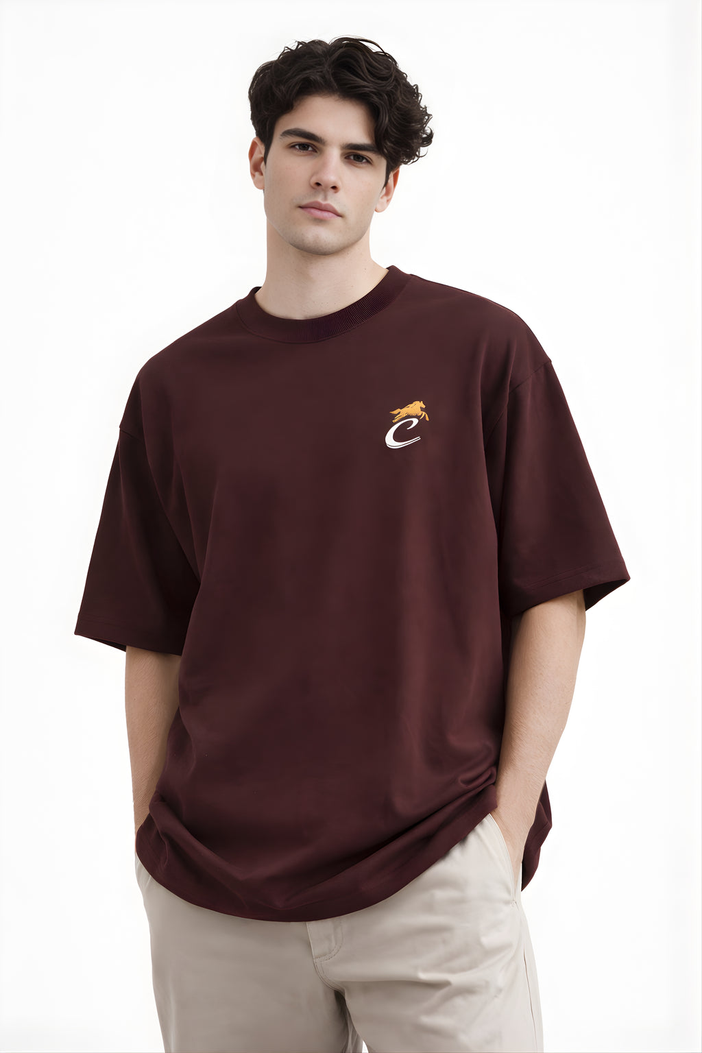 Burgundy oversized terry t-shirt with minimal chest logo premium unisex streetwear