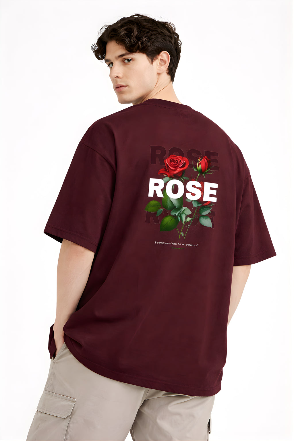 Burgundy oversized terry t-shirt with rose graphic back print premium streetwear design