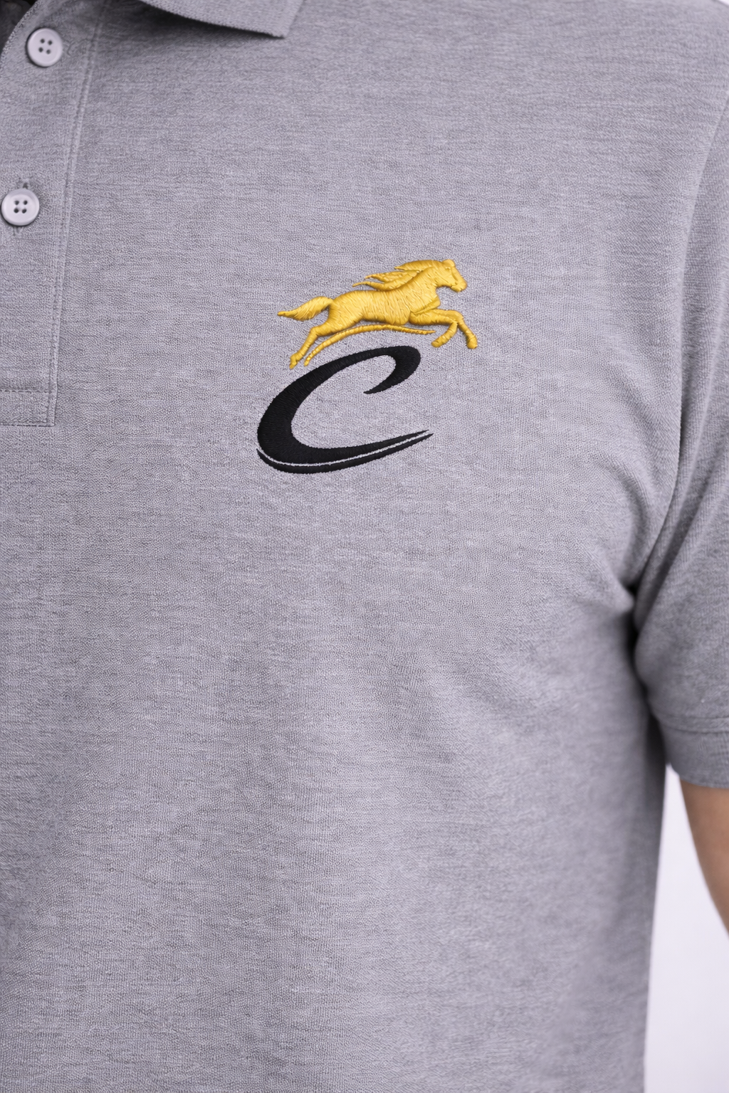 Gray polo shirt with a yellow and black logo on a white background